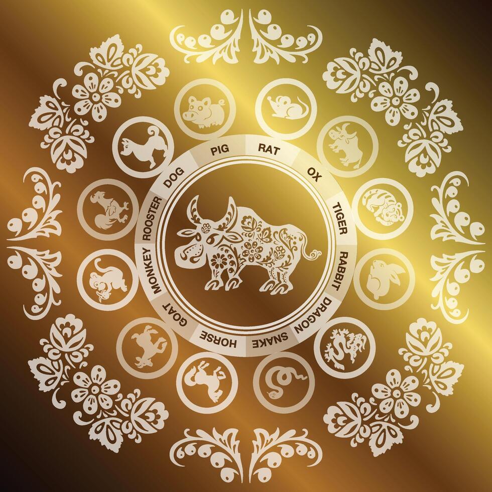 Stier, Büffel, Stier Karte mit Gold im ethnisch Russisch Stil, Symbol von das Jahr, Vektor Illustration eps 10