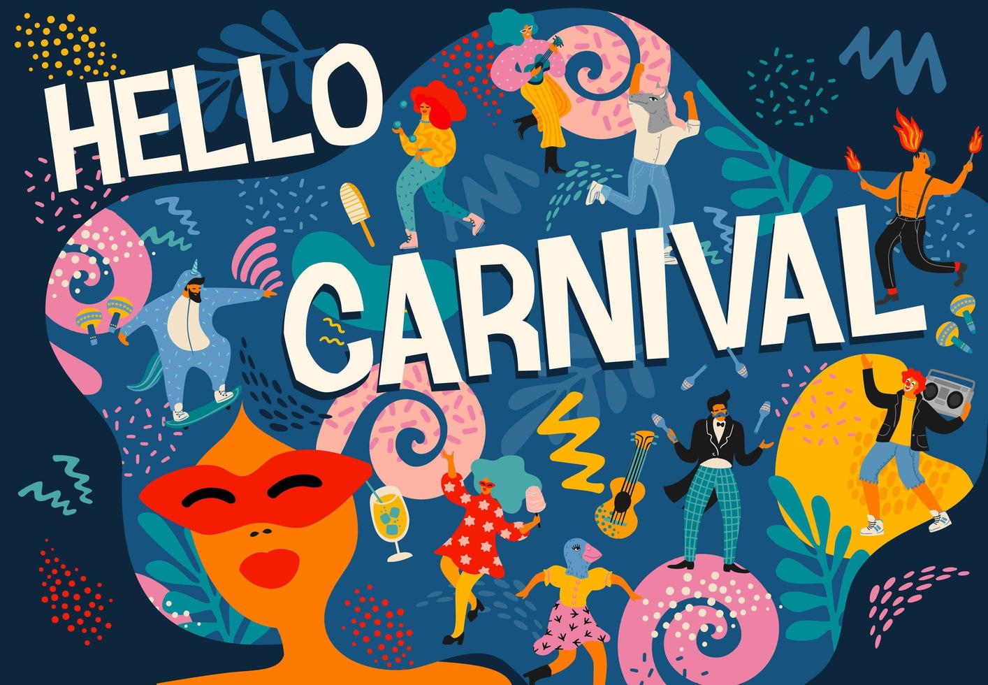 hallo karneval. Vektorgrafik von lustigen tanzenden Männern und Frauen in hellen, modernen Kostümen. vektor
