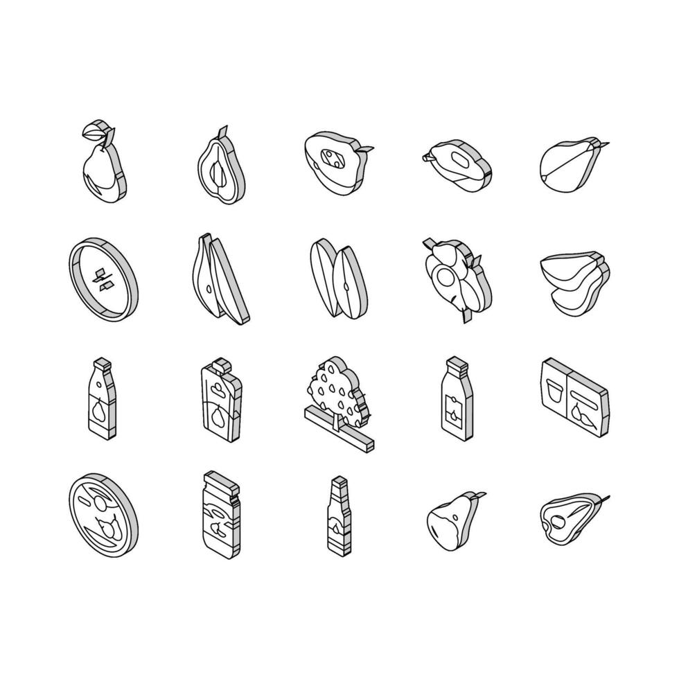 päron frukt grön vit blad mat isometrisk ikoner uppsättning vektor