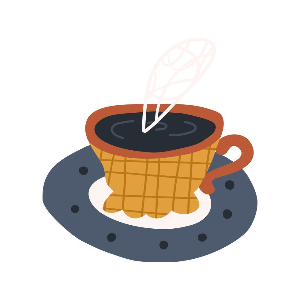 söt årgång kopp på tallrik, tecknad serie platt vektor illustration isolerat på vit bakgrund. hand dragen gammal råna med varm kaffe eller te.