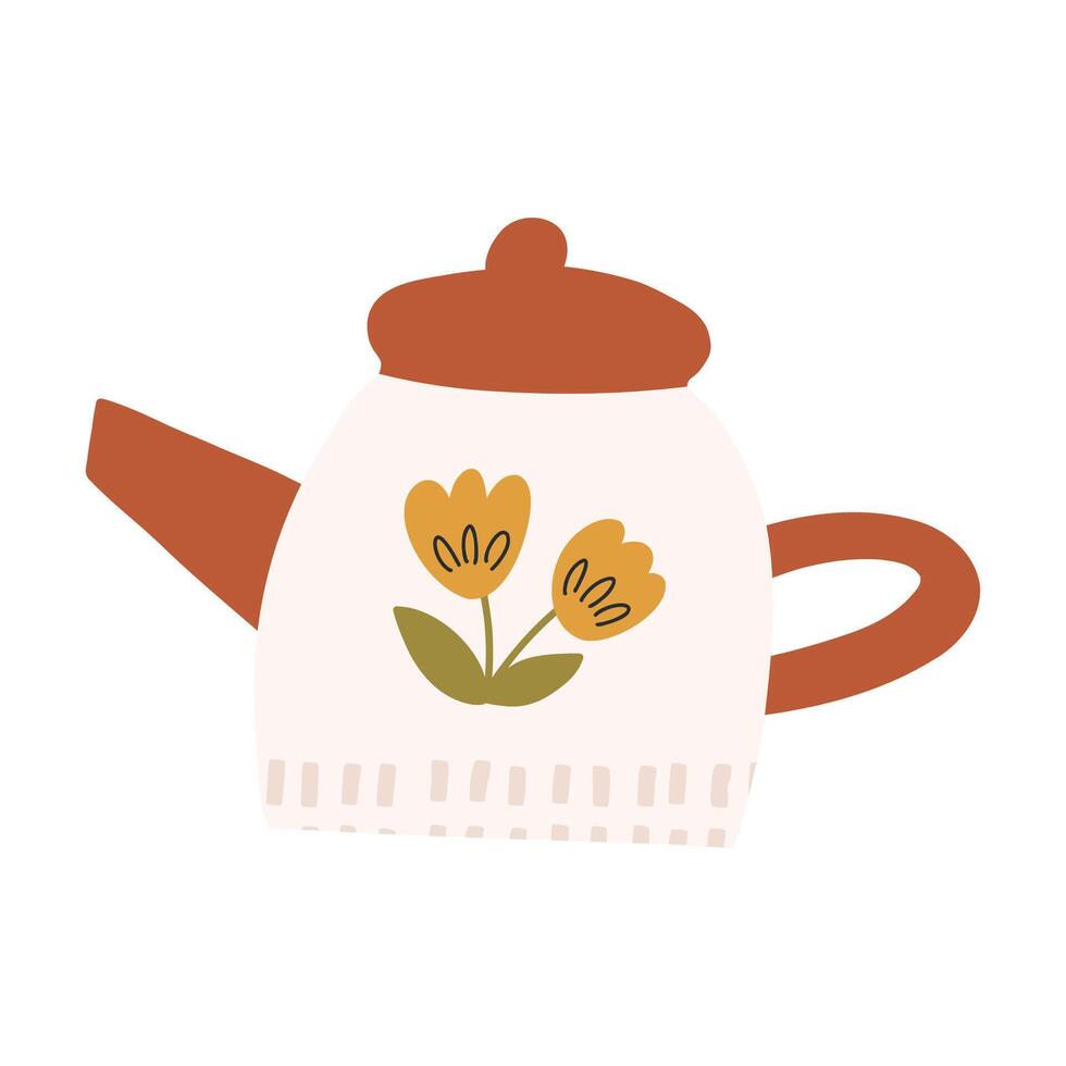 süß Teekanne mit Blume Zeichnung, Karikatur eben Vektor Illustration isoliert auf Weiß Hintergrund. Hand gezeichnet Kessel im retro Jahrgang Stil.