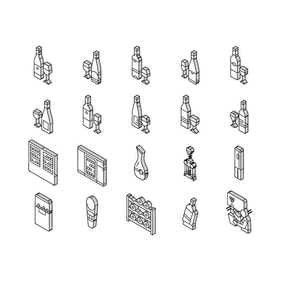 vin glas alkohol röd flaska isometrisk ikoner uppsättning vektor