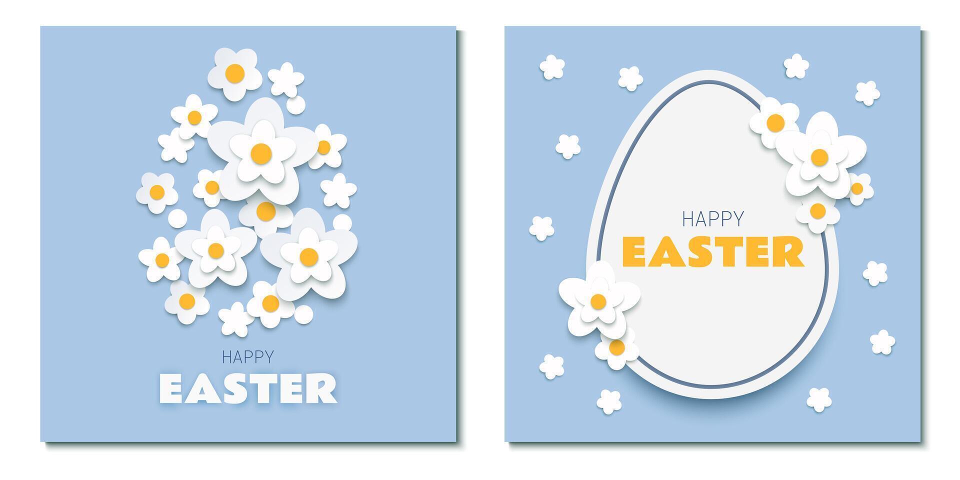 påsk papper skära hälsning kort uppsättning med påsk ägg och vit blommor på blå bakgrund vektor