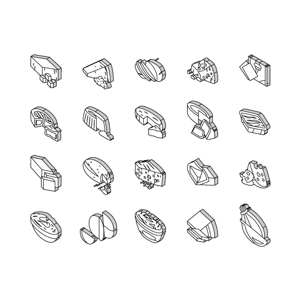 Käse Essen Scheibe Stück Molkerei isometrisch Symbole einstellen Vektor