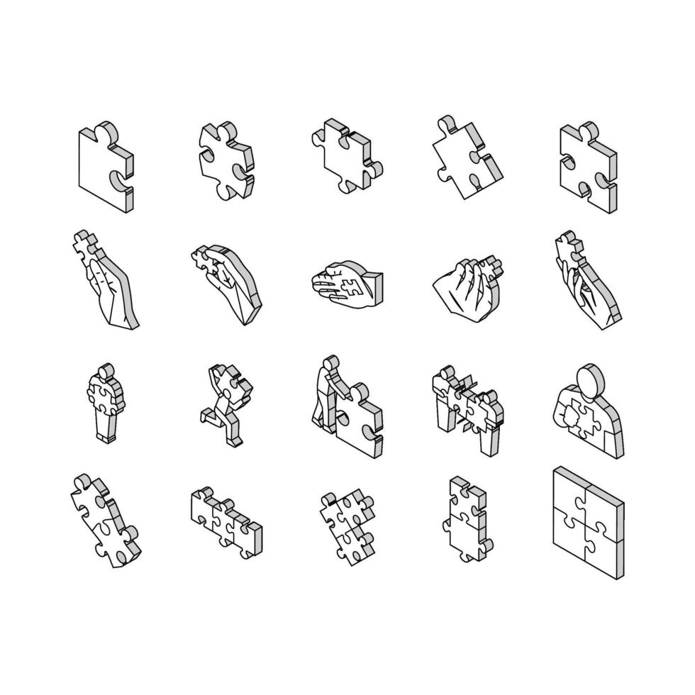 Puzzle Puzzle Stück, Geschäft isometrisch Symbole einstellen Vektor