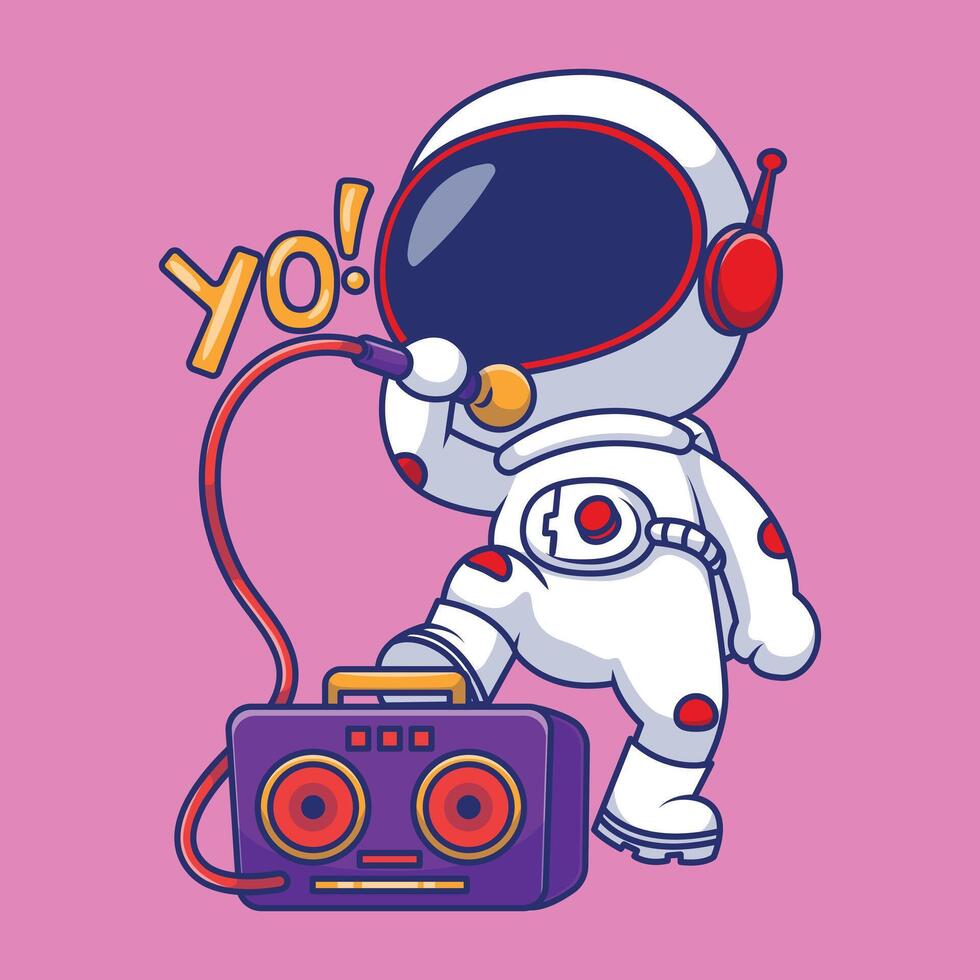 söt astronaut sång med mikrofon och bombox tecknad serie vektor ikoner illustration. platt tecknad serie begrepp. lämplig för några kreativ projekt.