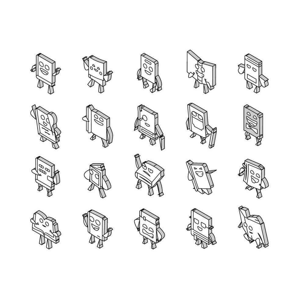 bok karaktär utbildning bibliotek isometrisk ikoner uppsättning vektor