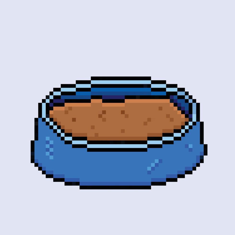 hund eller katt sällskapsdjur mat i blå sällskapsdjur skål. pixel bit retro spel styled vektor illustration teckning. enkel platt tecknad serie teckning isolerat på fyrkant bakgrund.