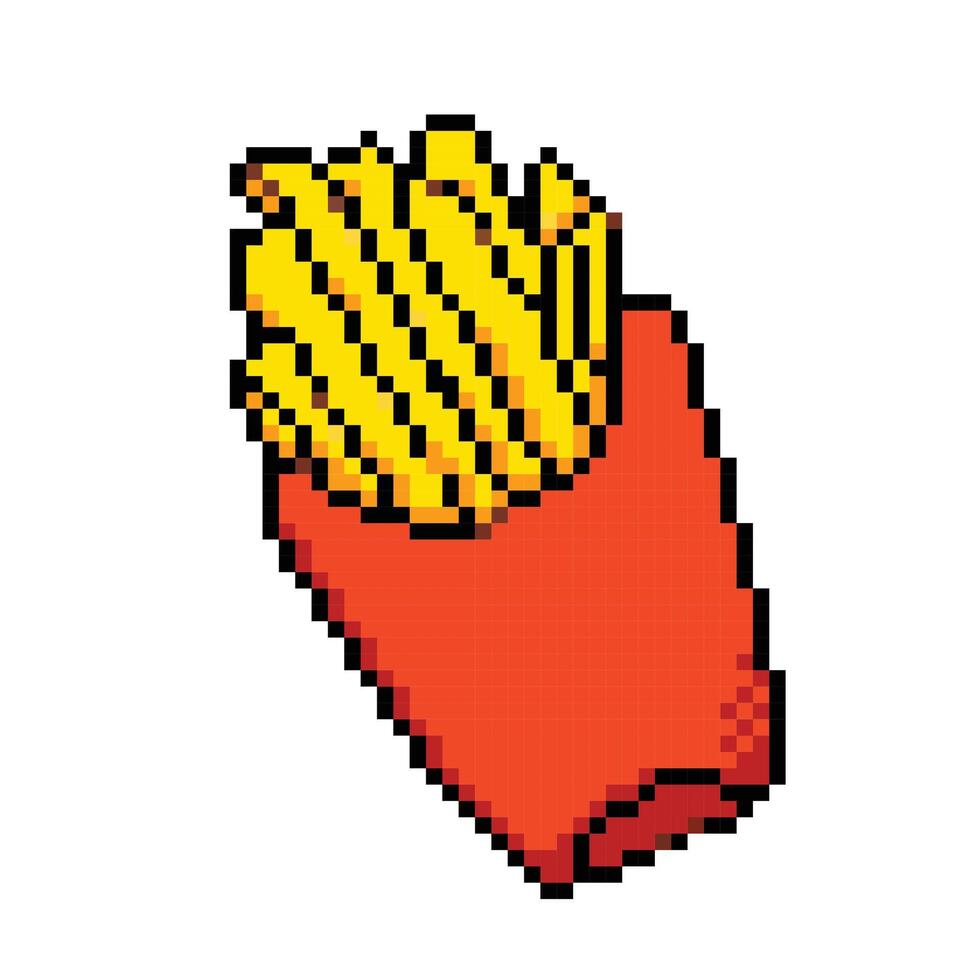 Französisch Fritten Kartoffel schnell Essen Innerhalb rot Verpackung. salzig und köstlich Snack. Pixel bisschen retro Spiel gestylt Vektor Illustration Zeichnung isoliert auf Platz Verhältnis Weiß Hintergrund.