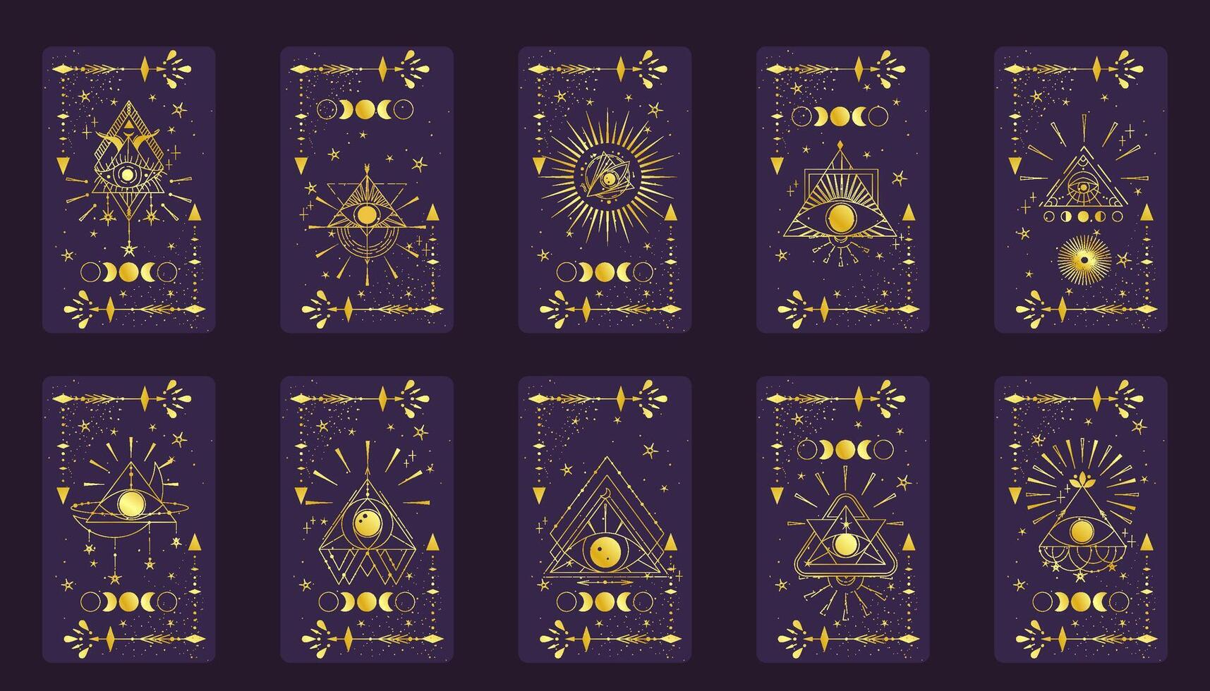 Tarot Karte Gold einstellen mit Mystiker Auge Pyramide isoliert. Boho esoterisch Tarot Karte mit Auge und Stern. Vektor Illustration. heilig Geometrie himmlisch Dreieck