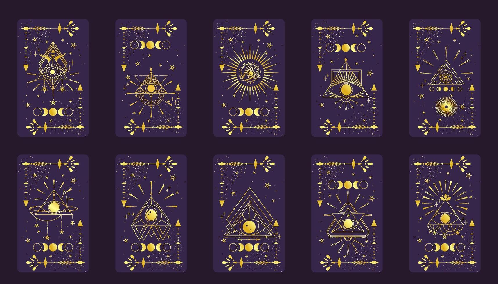 tarot kort guld uppsättning med mystiker öga pyramid isolerat. boho esoterisk tarot kort med öga och stjärna. vektor illustration. helig geometri himmelsk triangel