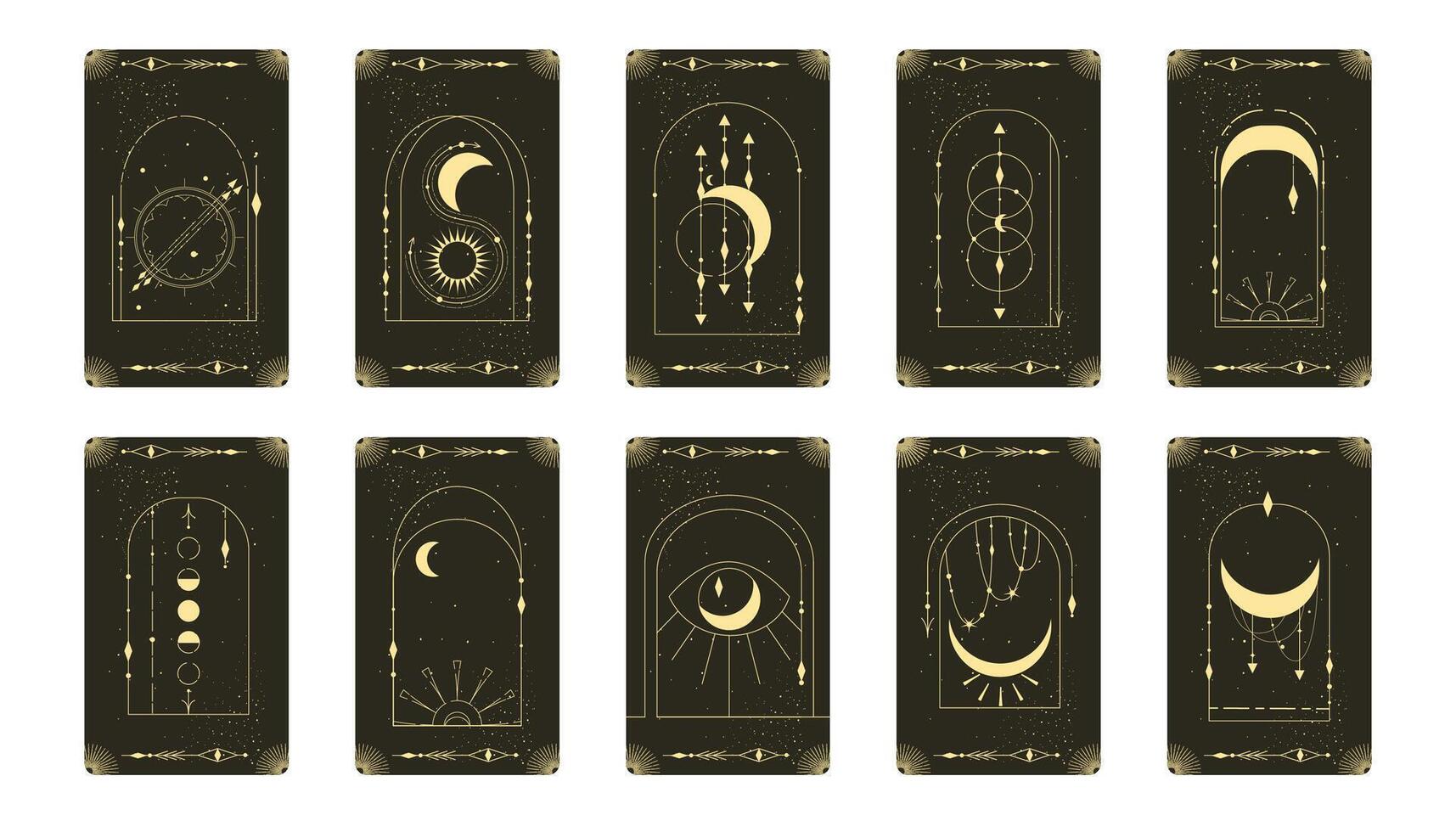 Tarot Karte einstellen mit Mystiker himmlisch rahmen. Boho esoterisch Tarot Karte mit Mond und rahmen. Vektor Illustration. heilig Geometrie himmlisch Bogen