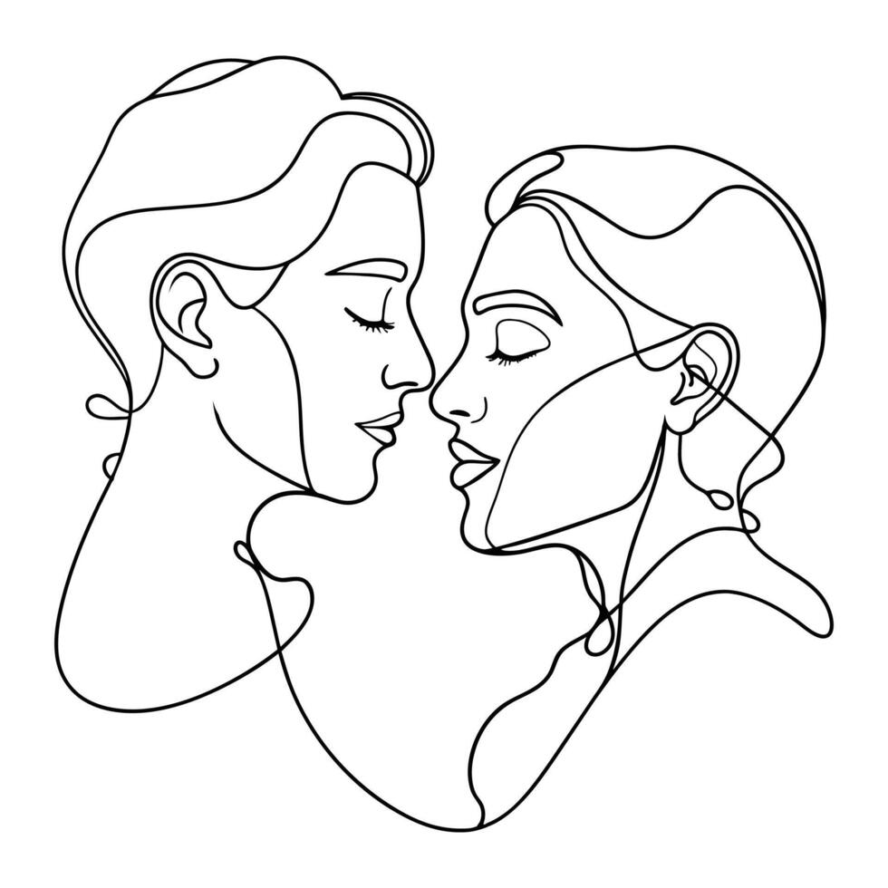 man och kvinna kissing linje konst vektor illustration.