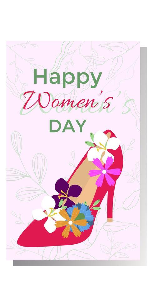 glücklich Damen Tag Banner mit rot hochhackig Schuh und anders Arten Blühen Blumen innen. International Damen Tag. Vektor Vorlage Karte Poster.