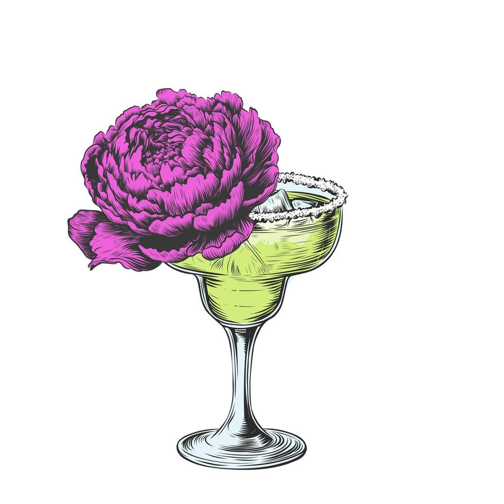 Margarita Glas mit Pfingstrose. erfrischend Sommer- alkoholisch Cocktail mit Blühen Blume. zart trinken mit Salz- zum Bar und Party. Champagner zum das Fall. Vektor Illustration isoliert auf Weiß.