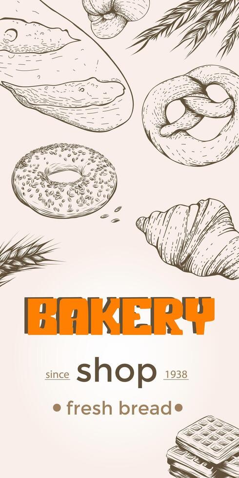 Jahrgang Bäckerei Poster mit skizziert brot, Gebäck, Brezel, Sesam Bagel, Waffeln, Croissant, Ohr Weizen Vektor Satz. Illustration von Bäckerei Karte skizziert, Essen Brötchen zum Frühstück. Gravur Stil