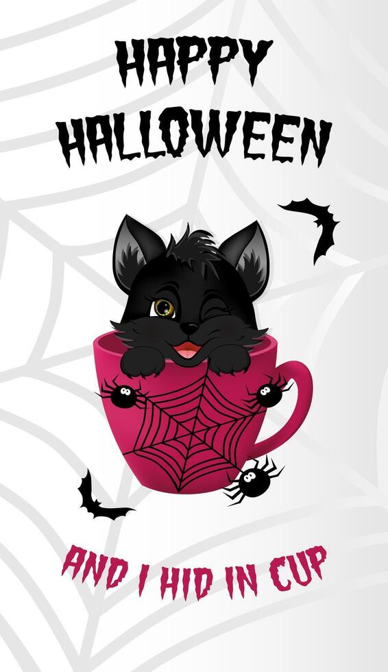glücklich Halloween Verkauf Banner, Flyer auf grau Hintergrund mit Spinnen, Netz, Fledermäuse und schwarz Kätzchen, versteckt im ein Tasse. vektor