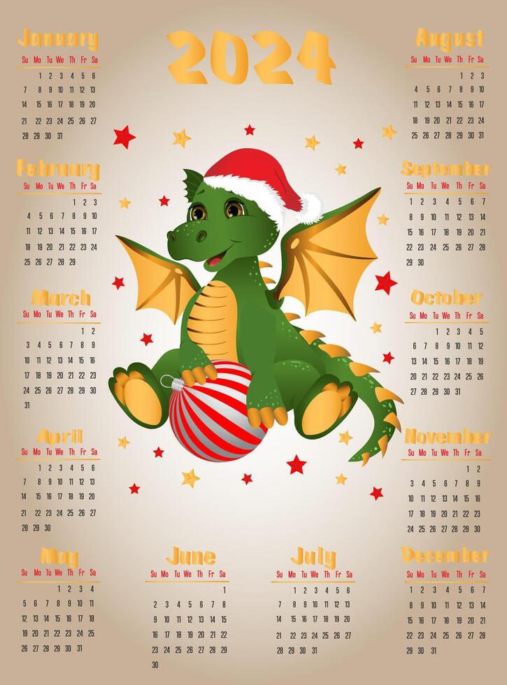 kalender 2024 med symbol av de år drake. söt liten drake Sammanträde med jul boll. vecka börjar på söndag. vektor