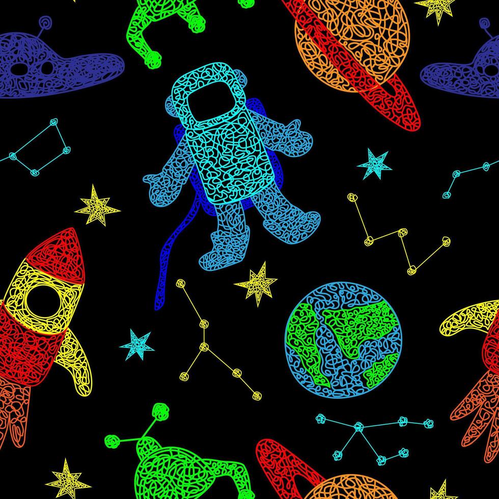 nahtlos Muster mit Hand gezeichnet Sterne, fliegend Sauer, Planet, Mars Rover, Rakete, Erde Planet, Sternbilder auf schwarz Hintergrund im Kinder naiv Stil. vektor