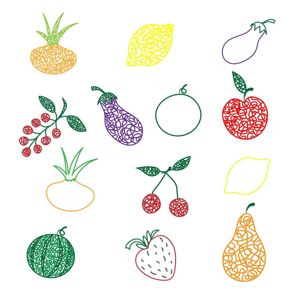 einstellen von Hand gezeichnet Wassermelone, Kirsche, Apfel, Birne, Zitrone, Erdbeere, Aubergine, Johannisbeere, Zwiebel isoliert auf Weiß Hintergrund im Kinder naiv Stil. vektor