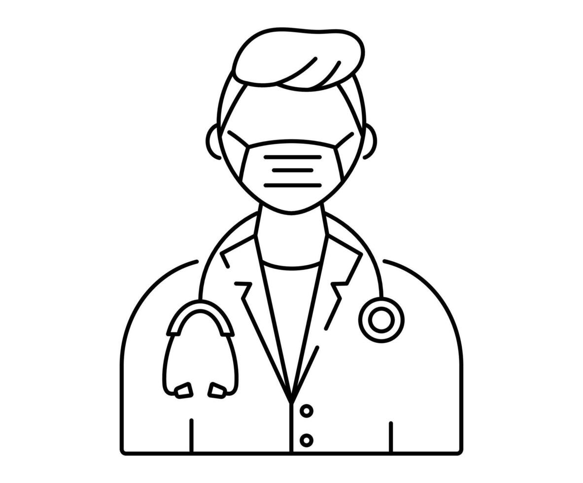 vektor isolerat linje medicinsk ikon. manlig läkare eller sjuksköterska med en stetoskop, bär en ansikte mask.