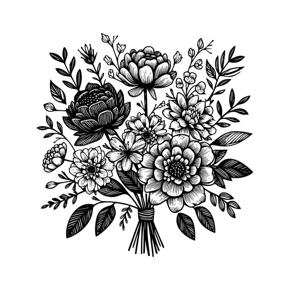 svart och vit blommor hand dragen vektor illustration isolerat vit bakgrund