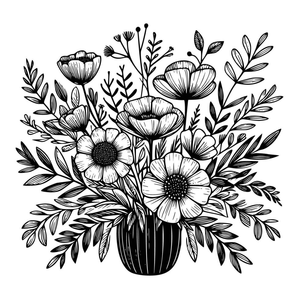 schwarz und Weiß Blumen Hand gezeichnet Vektor Illustration isoliert Weiß Hintergrund