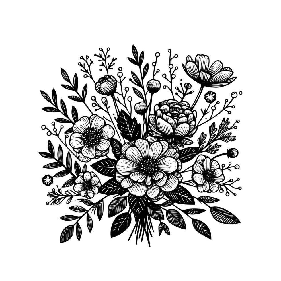 schwarz und Weiß Blumen Hand gezeichnet Vektor Illustration isoliert Weiß Hintergrund