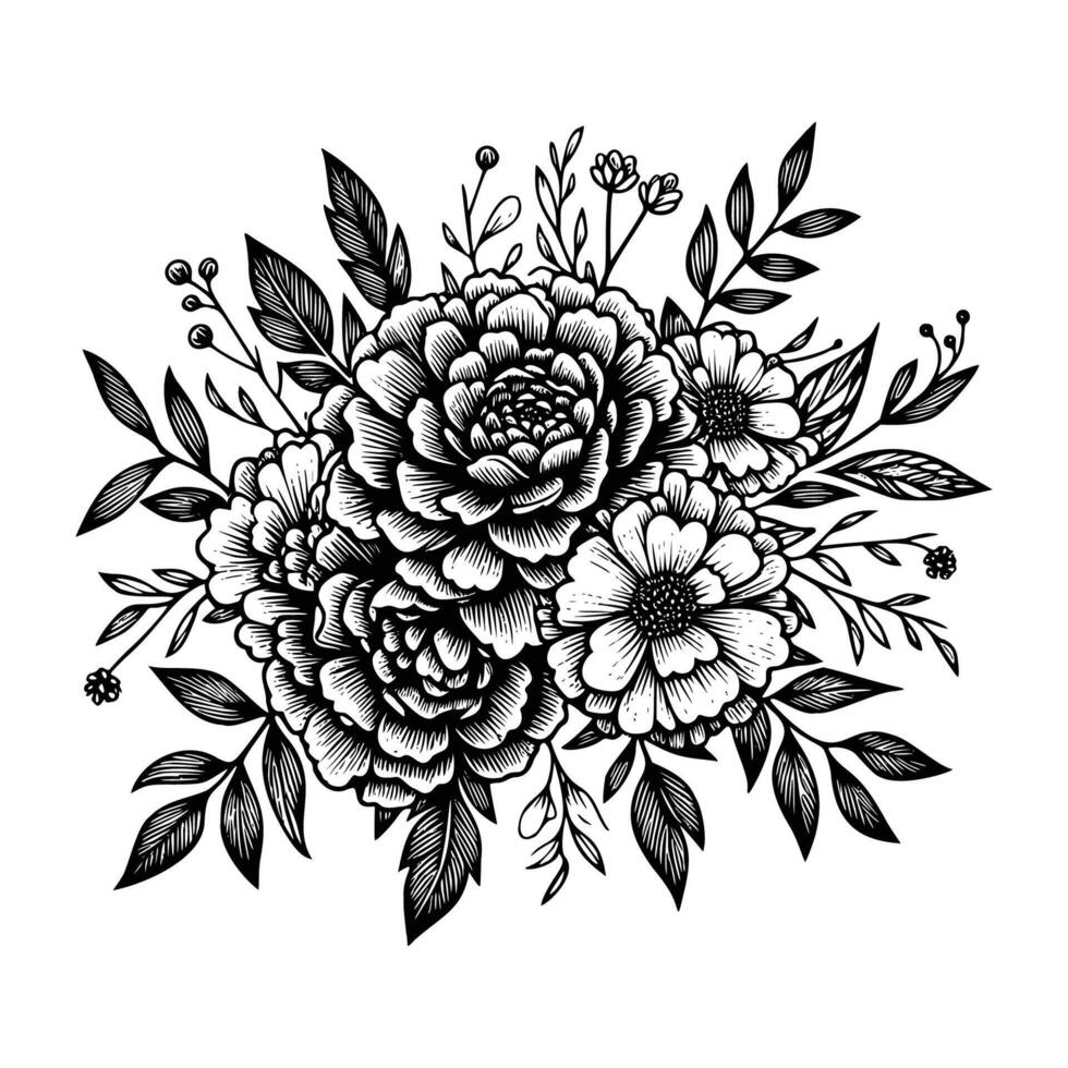 schwarz und Weiß Blumen Hand gezeichnet Vektor Illustration isoliert Weiß Hintergrund