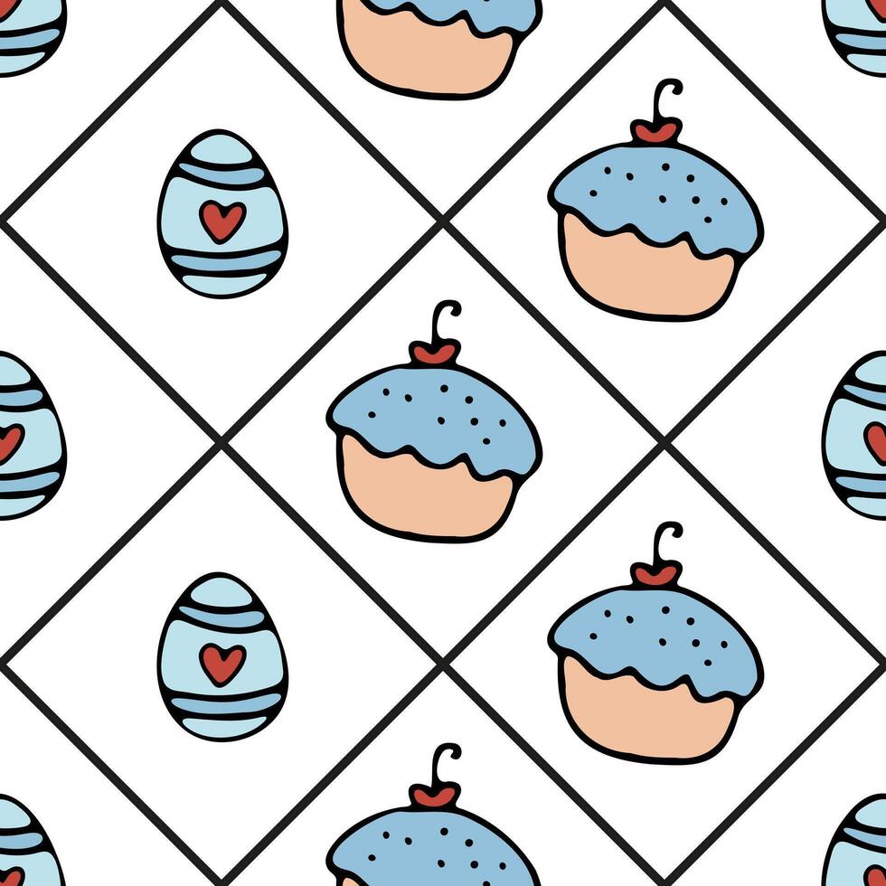 nahtlos Verpackung Hintergrund mit Ostern Cupcake, Ei, und Herz vektor