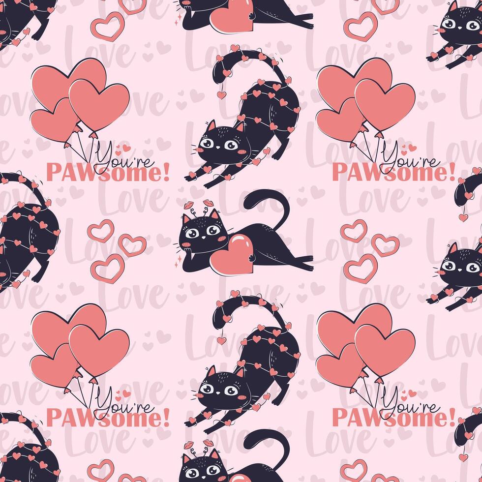 mall tryckt sömlös mönster med svart rolig katt för hjärtans dag isolerat. färgrik kärlek omslag papper vektor