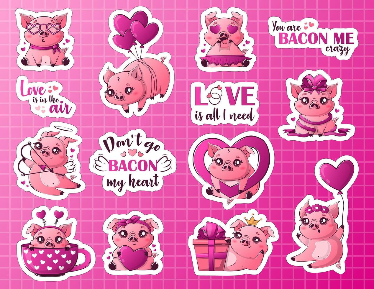 einstellen von gedruckt Aufkleber mit Karikatur kawaii Schweine im Liebe. süß Tiere zum Valentinstag Tag vektor