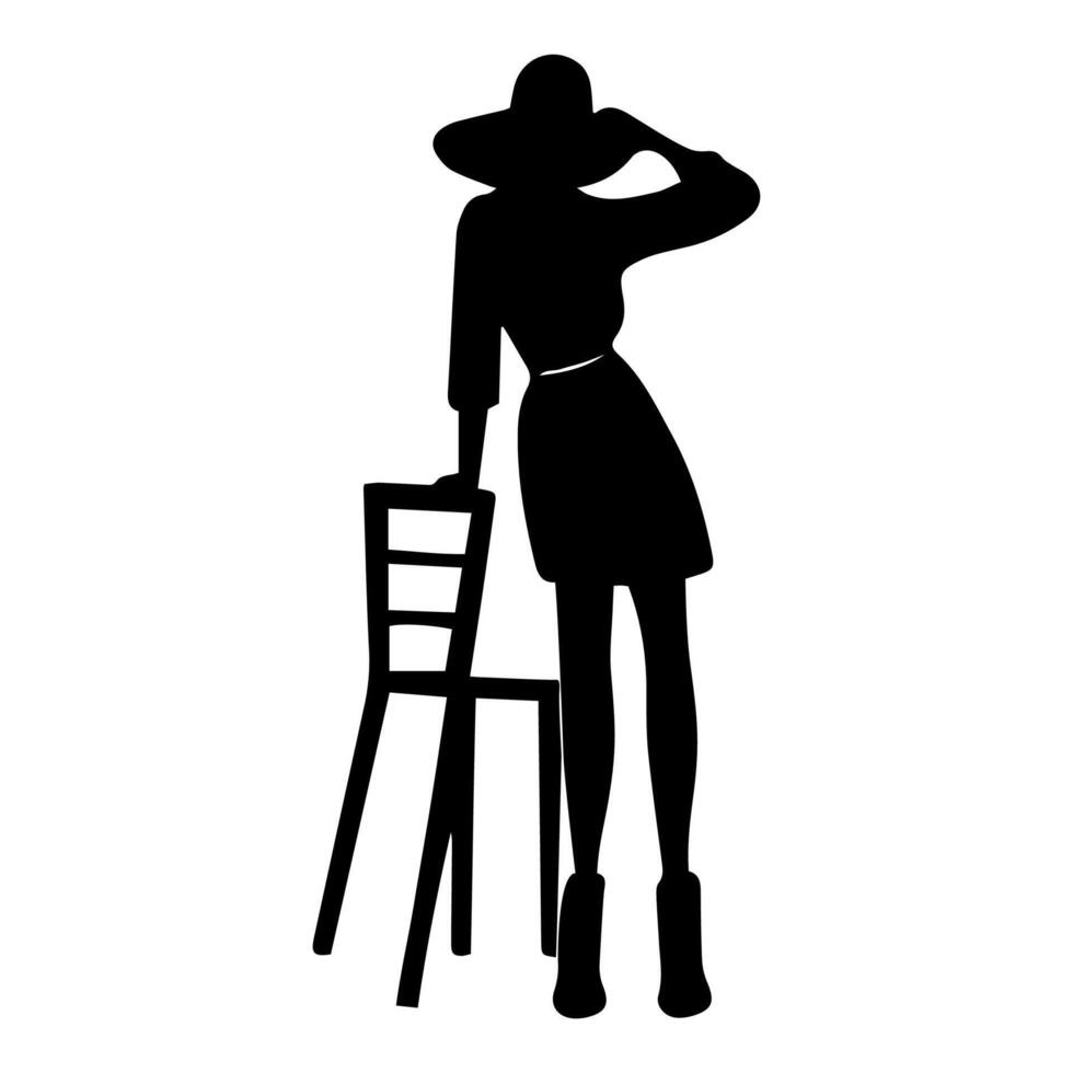 Silhouette von Frau tragen hoch Absätze , Stehen Pose mit hoch Stuhl, auf ein Weiß Hintergrund vektor