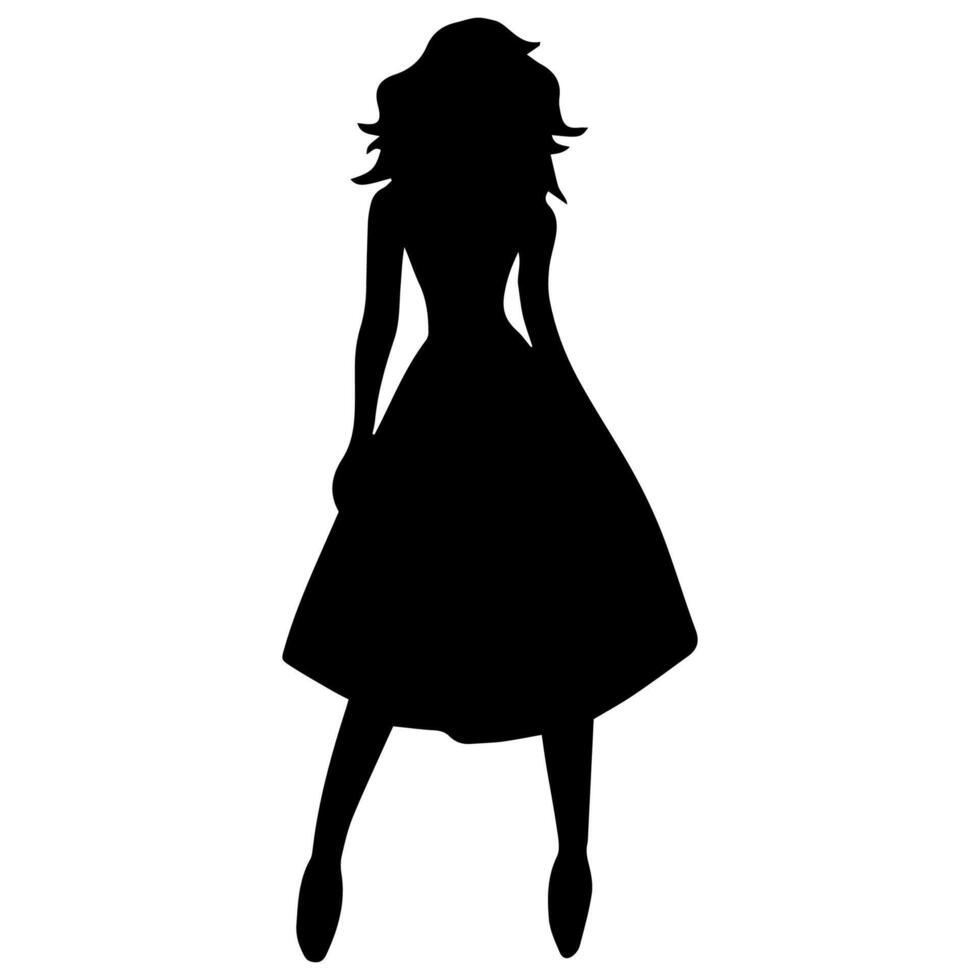 silhuett av kvinna bär kväll klänning och hög hälar , stående utgör, på en vit bakgrund vektor