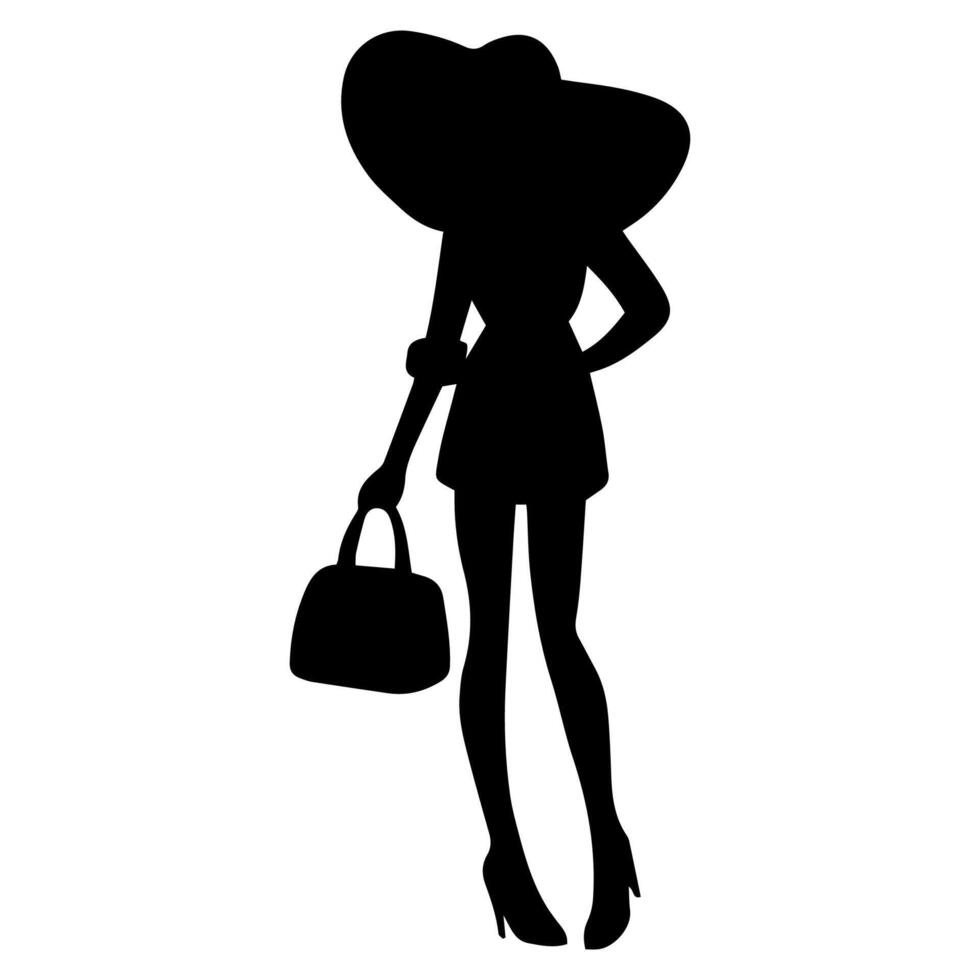 Silhouette von Frau tragen hoch Absätze , Stehen Pose halten ein Tasche und groß Stroh Hut, auf ein Weiß Hintergrund vektor