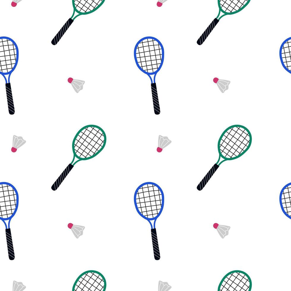 Badminton Hintergrund wiederholen Muster mit Schläger und Federball Hand gezeichnet eben Vektor Illustration zum Textil- drucken Papier Karte Verpackung Banner Spiel mit Schläger Badminton Spieler Sport Ausrüstung