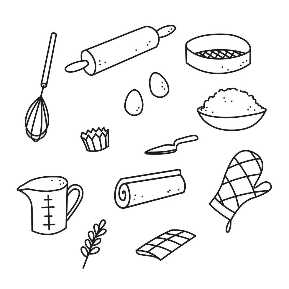 Backen Ausrüstungen Hand gezeichnet Tinte skizzieren Vektor Illustration. Gekritzel Hintergrund mit Teig, Eier, rollen Stift, Mehl, Zutaten Werkzeuge Kochen gebacken Waren. Design Konzept zum Bäckerei, Koch, Menü, Café