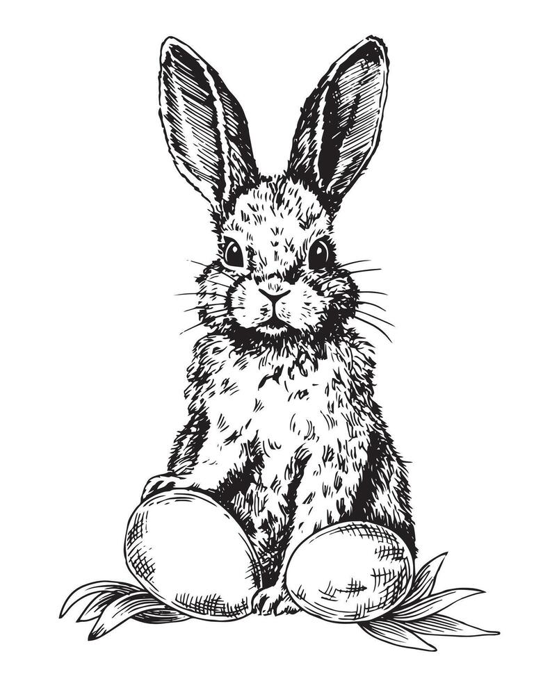 Vektor Zeichnung im skizzieren Stil. Jahrgang Ostern Hase mit Eier und Blumen. schwarz und Weiß Illustration
