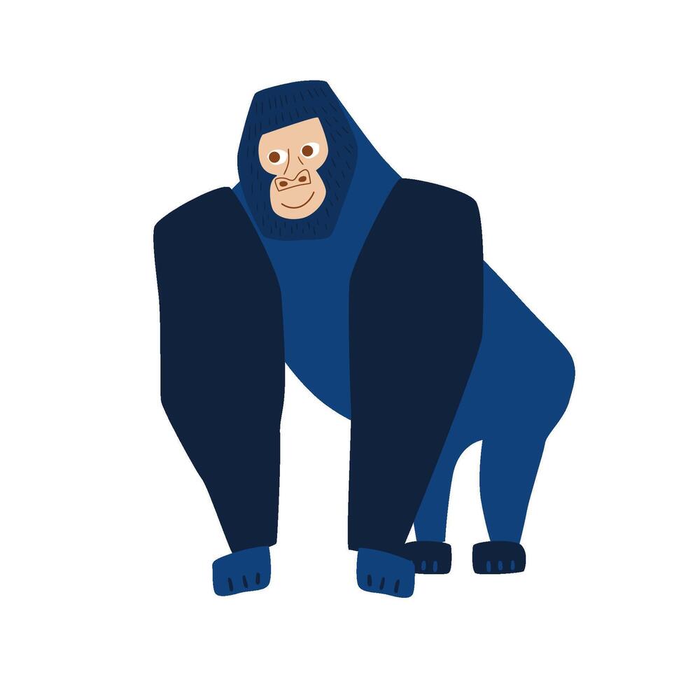 söt blå gorilla djur- karaktär isolerat på vit. vild hand dragen rolig apa vektor illustration. gorilla i barnslig stil bra för barn affischer, kort, skriva ut. stiliserade primat, Zoo.