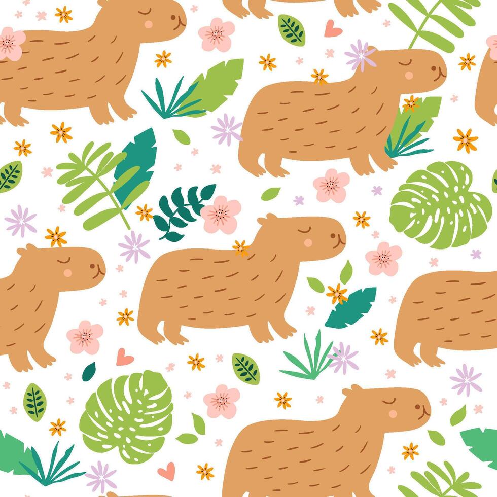 süß Capybara im Urwald nahtlos Muster. Sommer- tropisch wiederholen Hintergrund mit süß Tier, tropisch Blätter, Blumen. Vektor kindisch Hintergrund, Textil- Design, drucken, Geschenk Papier, Verpackung, Stoff.