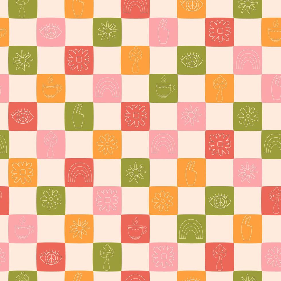 rosa rutig sömlös mönster, retro upprepa bakgrund. sommar checkerboard tapet. vektor skriva ut med enkel psychedelic element regnbåge, kopp, hand, öga söt textil- design, tyg, slå in papper.