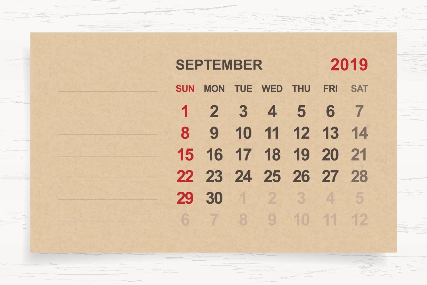 September 2019 - Monatskalender auf braunem Papier und Holzhintergrund mit Notizbereich. Vektor. vektor
