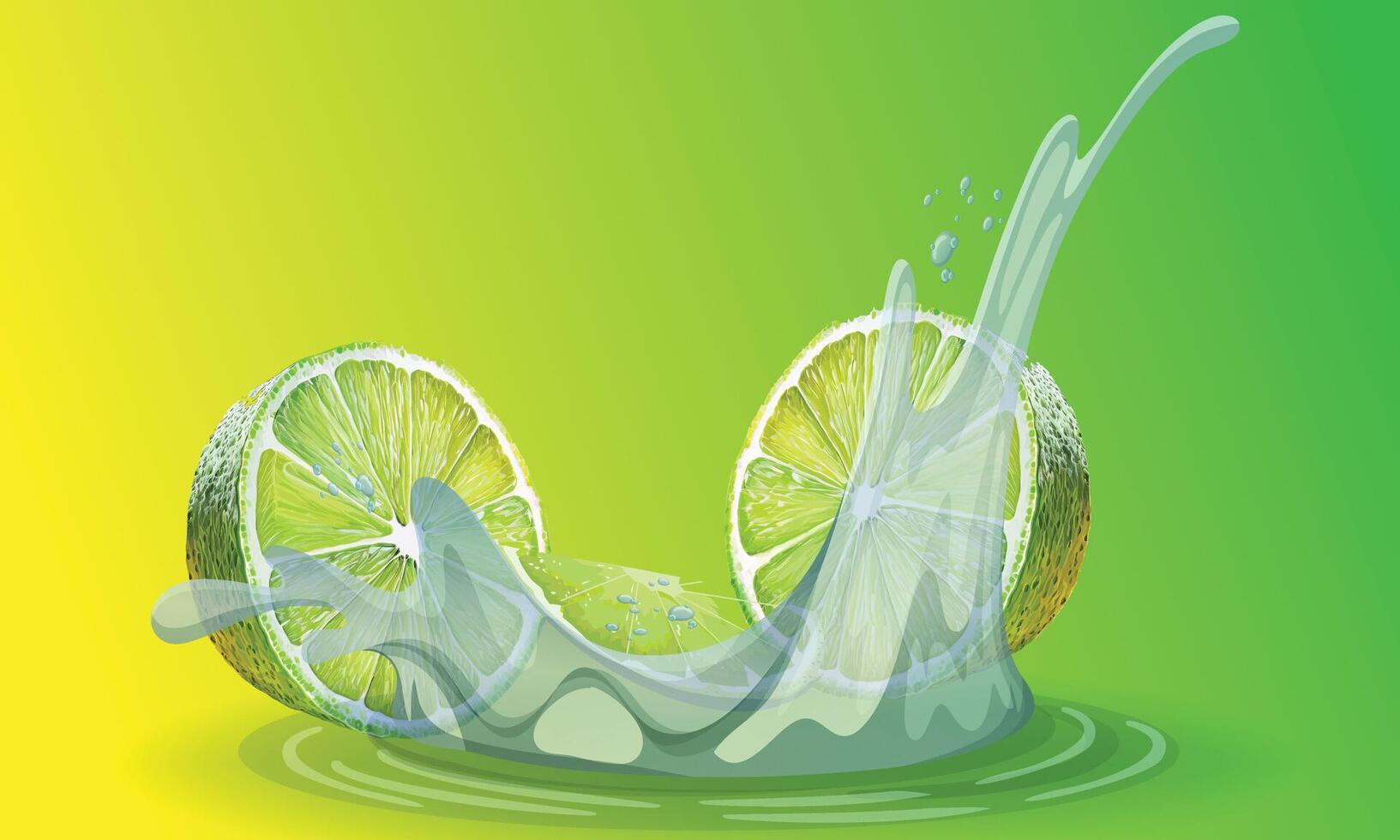 Limette Gradient Hintergrund, 3d Kalk, Scheibe Frucht, und Wasser Spritzen vektor