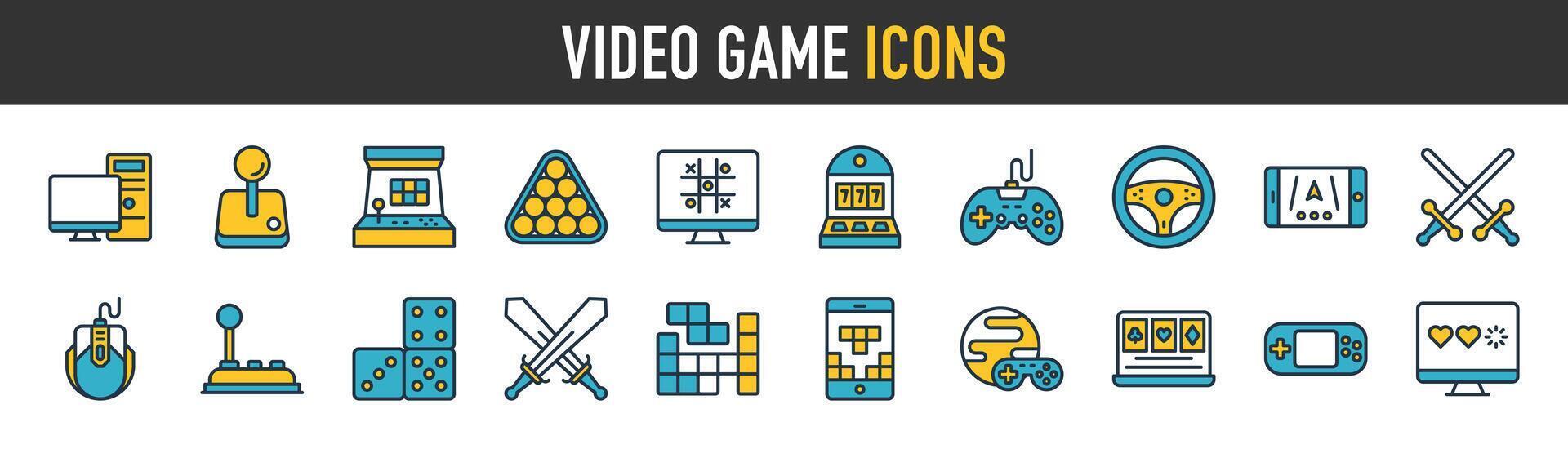 video spel ikoner. spel för datorer och konsoler. handling, strategi, äventyr, simulator, lopp, fotboll, seger, mysterium vektor