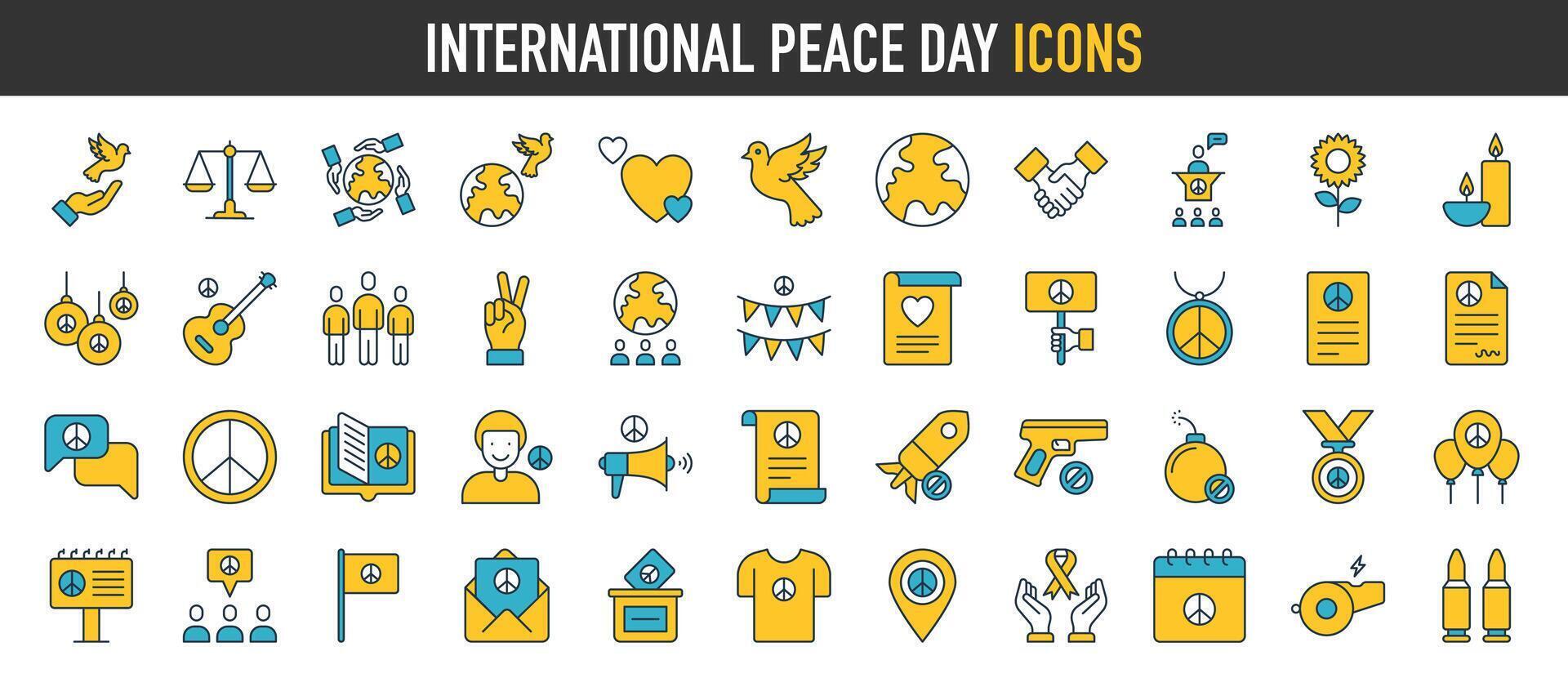 International Frieden Tag Symbole. eine solche wie fliegend Taube, Welt, Blume, Zeichen Vektor Illustration