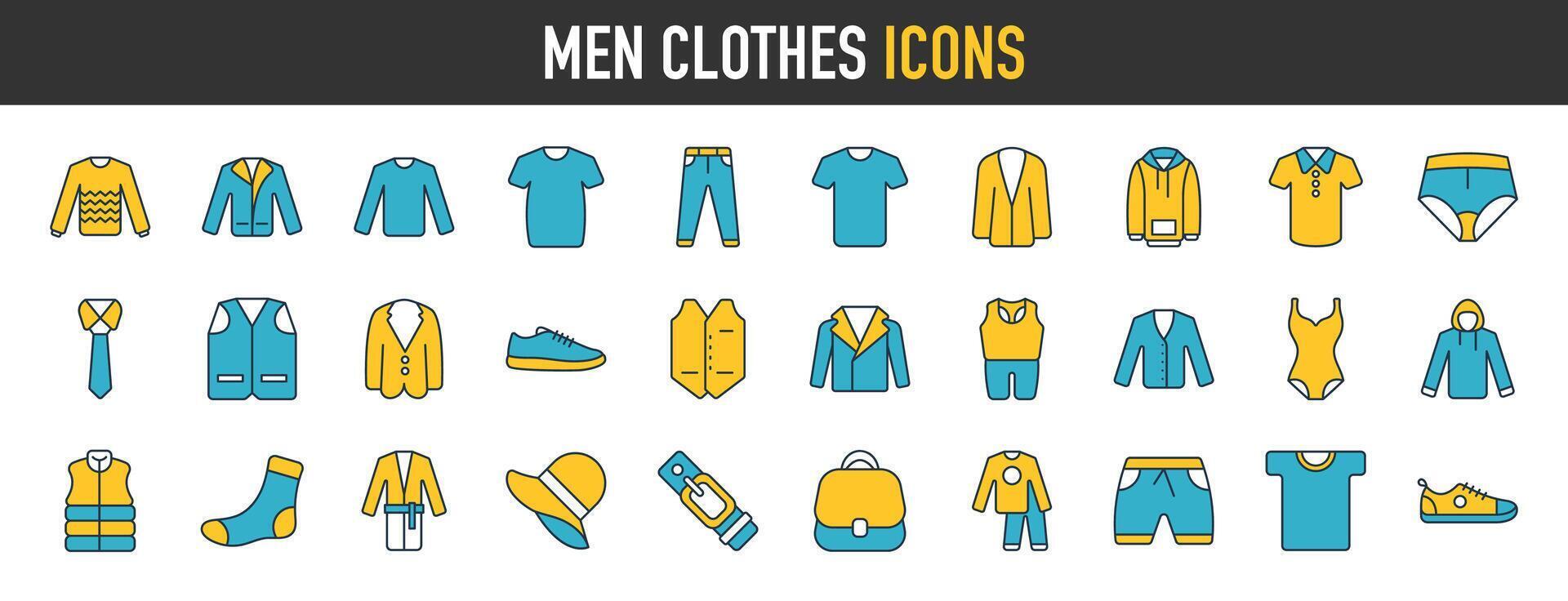 Männer Kleider Symbol Satz. Socken, BH, binden, Shirt, kurze Hose minimal Vektor Illustrationen. einfach Zeichen zum Mode Anwendung.