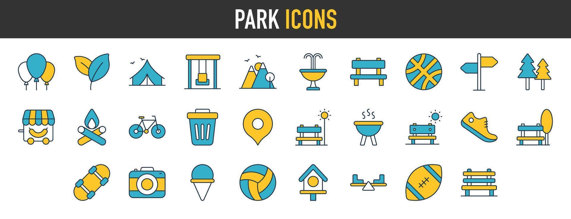 Park Symbol Satz. enthält Wald, Grill, Lager, Bank, Picknick und Spielplatz Symbole. Vektor Illustration