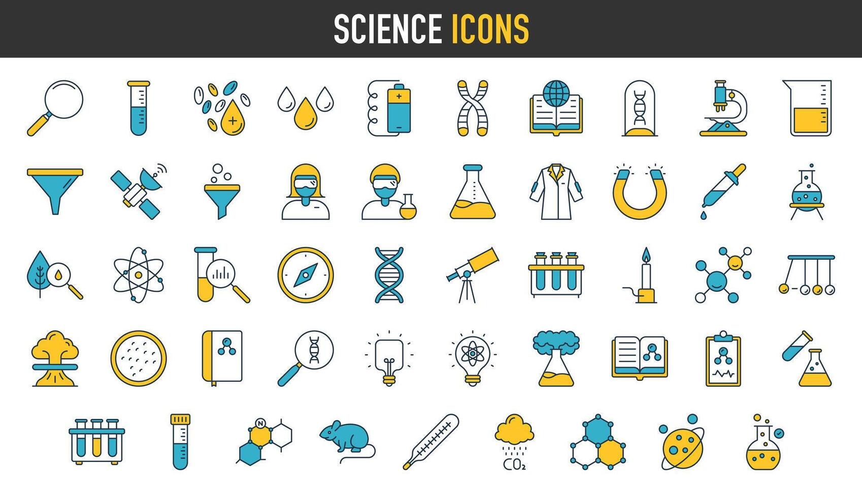 Wissenschaft Symbol Satz. eine solche wie Biologie, Labor, Experiment, Wissenschaftler, Forschung, Physik, Chemie und Mehr Symbole. Bildung Symbol. wissenschaftlich Aktivität Vektor Illustration.