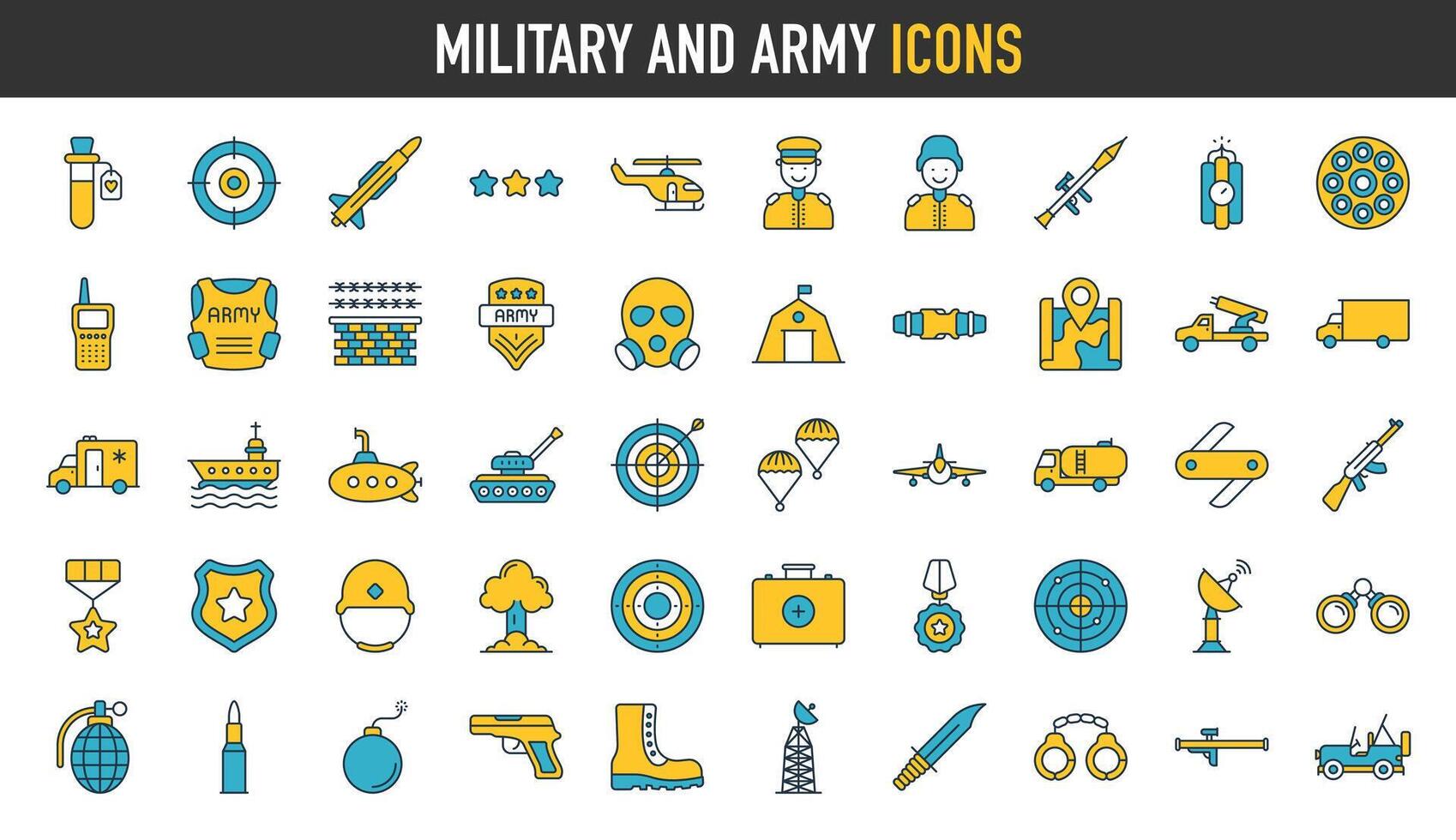 militär och armén ikoner. militär Utrustning, verktyg, AIDS och vitvaror, kämpe plan, chevrons, terrakotta. vektor illustration