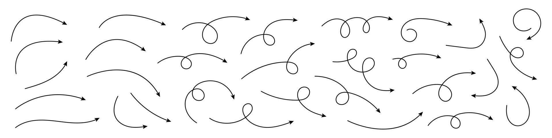 samling hand dragen pilar. uppsättning enkel böjd pilar isolerat på vit bakgrund. samling av pekare. vektor illustration.